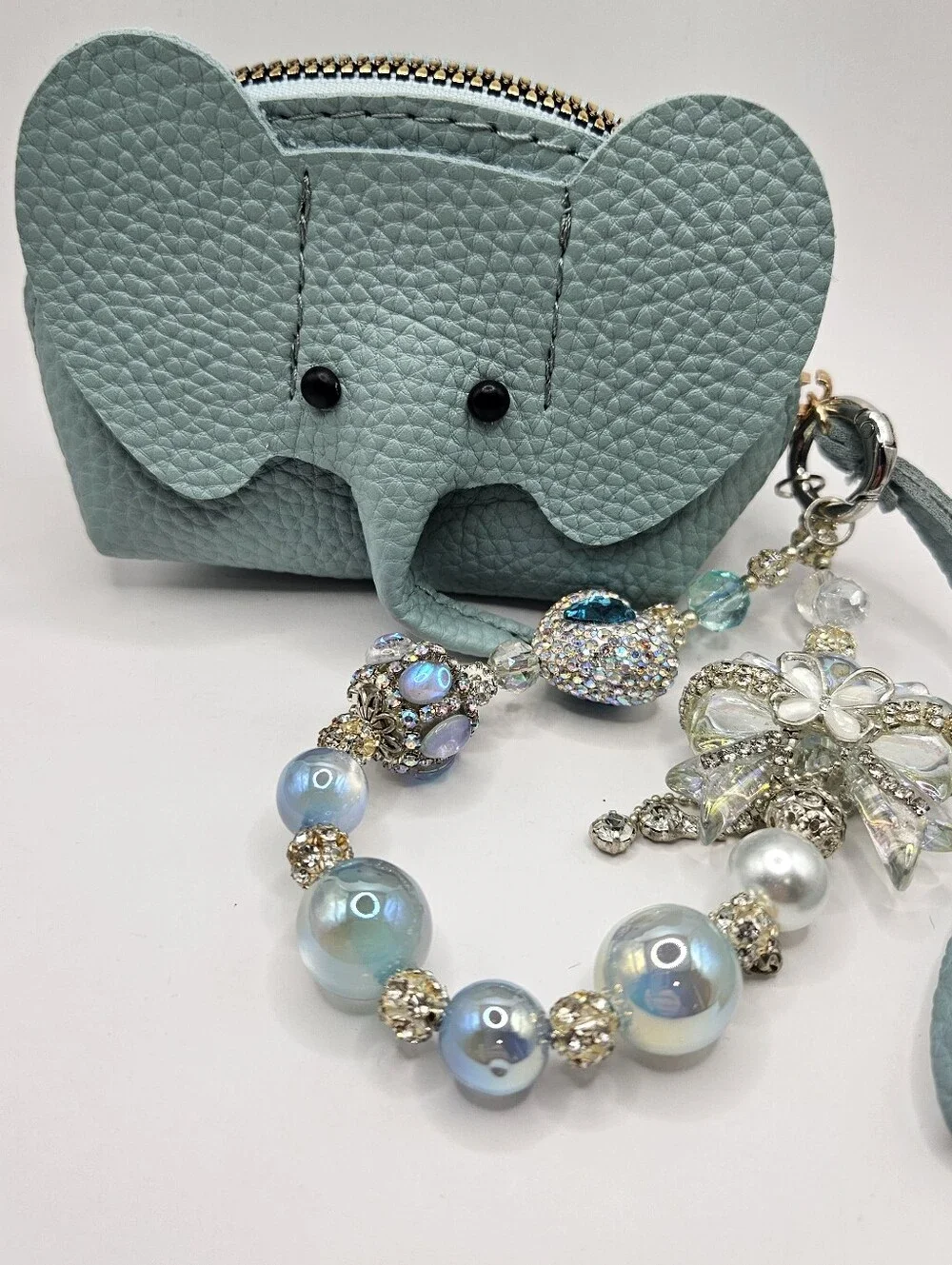 Light Blue Elephant Coin Purse Keychain with Beaded Charm